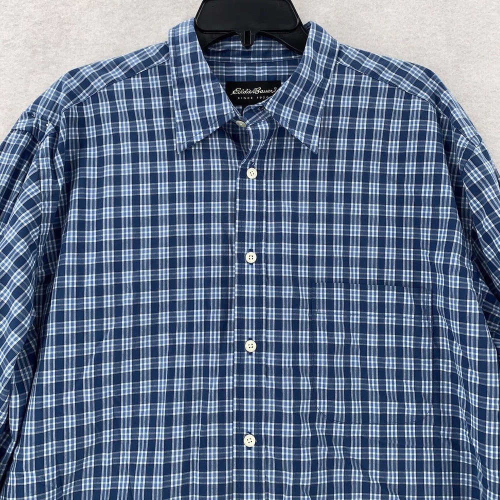 Eddie‎ Bauer Cotton Button Up Shirt Blue Plaid Long Sleeve Check Mens XL Tall